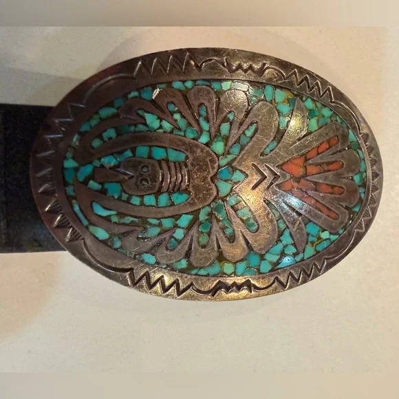 Authentic Vintage turquoise and coral Inlay Sterling Silver Buckle with belt